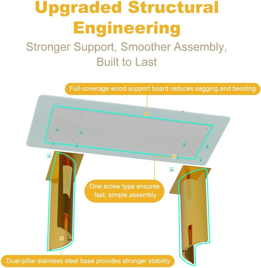 gopop Marble Dining Table Set for 6,Modern Dining Table Set for 6,71'' Faux Marble Textured Table Top with Golden Stainless Steel Base,Gold Dining Room Table with 6 White Dining Chairs