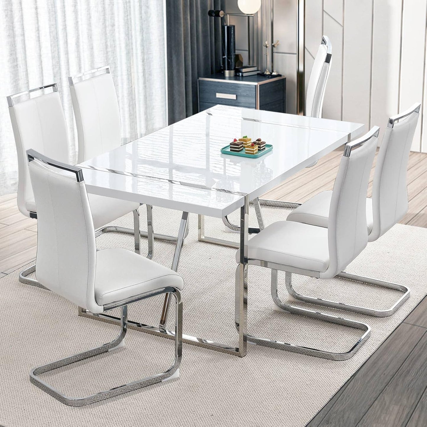 Dining Table Set for 6,White Rectangular MDF Kitchen Table and Leather Dining Chairs Set of 6, 7 Piece Dining Table Set,Modern Metal Frame Dining Room Table Set 6 with Metal Frame For Kitchen