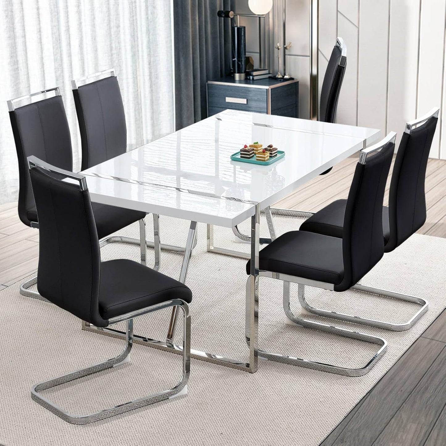 Dining Table Set for 6,White Rectangular MDF Kitchen Table and Leather Dining Chairs Set of 6, 7 Piece Dining Table Set,Modern Metal Frame Dining Room Table Set 6 with Metal Frame For Kitchen