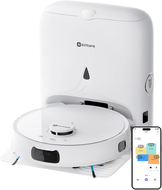 V5 Robot Vacuum and Mop, Self-Emptying Robotic Vacuum Cleaner, 8500Pa Suction, Pet Hair Tangle Cutter, Laser Navigation, Cat Laser, Carpet Detection, Ideal for Hard Floor, Tile, and Carpet