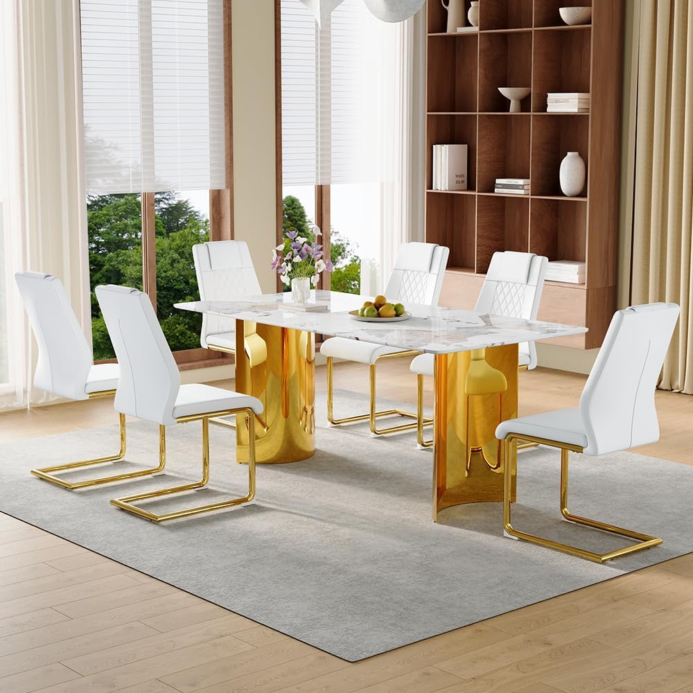 gopop Marble Dining Table Set for 6,Modern Dining Table Set for 6,71'' Faux Marble Textured Table Top with Golden Stainless Steel Base,Gold Dining Room Table with 6 White Dining Chairs