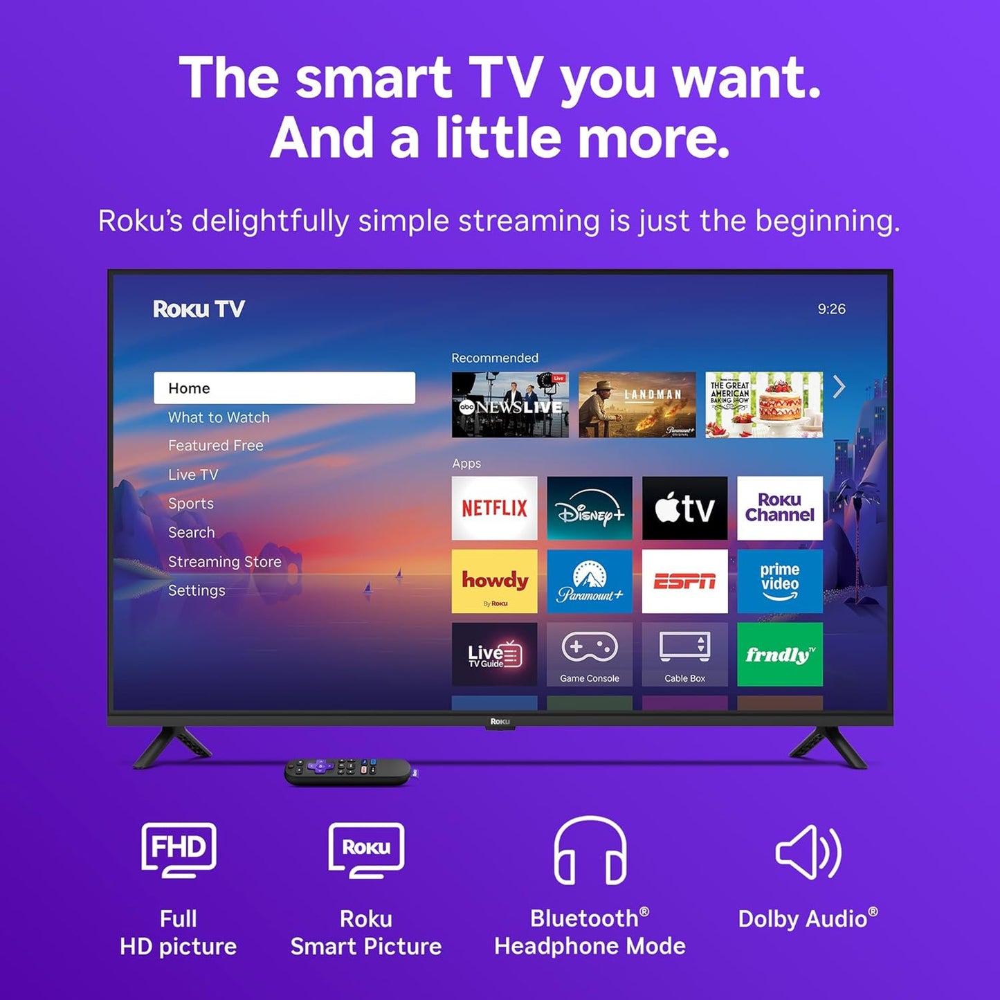 Roku Smart TV 2026 – 40-Inch Select Series, 1080p Full HD TV – Roku TV with Voice Remote – Flat Screen LED Television with Wi-Fi for Streaming Live Local News Sports & Movies, Bluetooth Headphone Mode