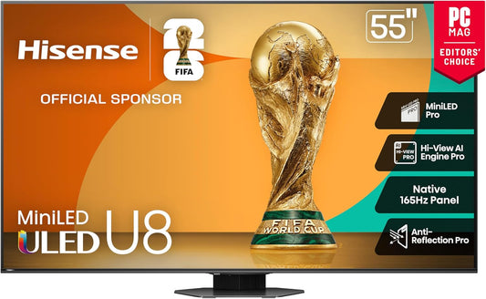 Hisense 55" Class U8 Mini-LED ULED 4K UHD Google Smart TV (55U8QG, 2025 Model) - QLED, Native 165Hz, VRR 288, Up to LD5600, 5000 Nits, HDR10+, Dolby Vision IQ · Atmos, IMAX Enhanced, 4.1.2 Ch Audio