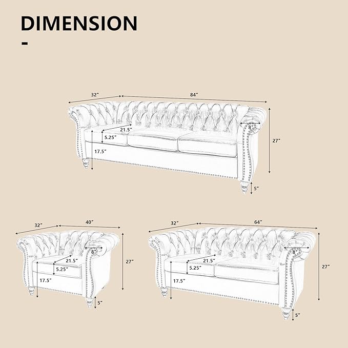 QHITTY 2 Piece Living Room Set, Sectional Chesterfield Sofa Chair Contemporary Upholstered Leather Loveseat Couch Sets for Living Room, Bedroom, Office