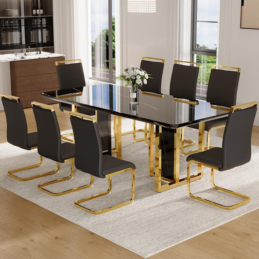 79" Black Modern Dining Table Set, Modern Luxury Dining Table Set with Chrome Gold Legs, Faux Marble Kitchen Table with 8 Black Gold Chairs for Kitchen and Dining Room Office