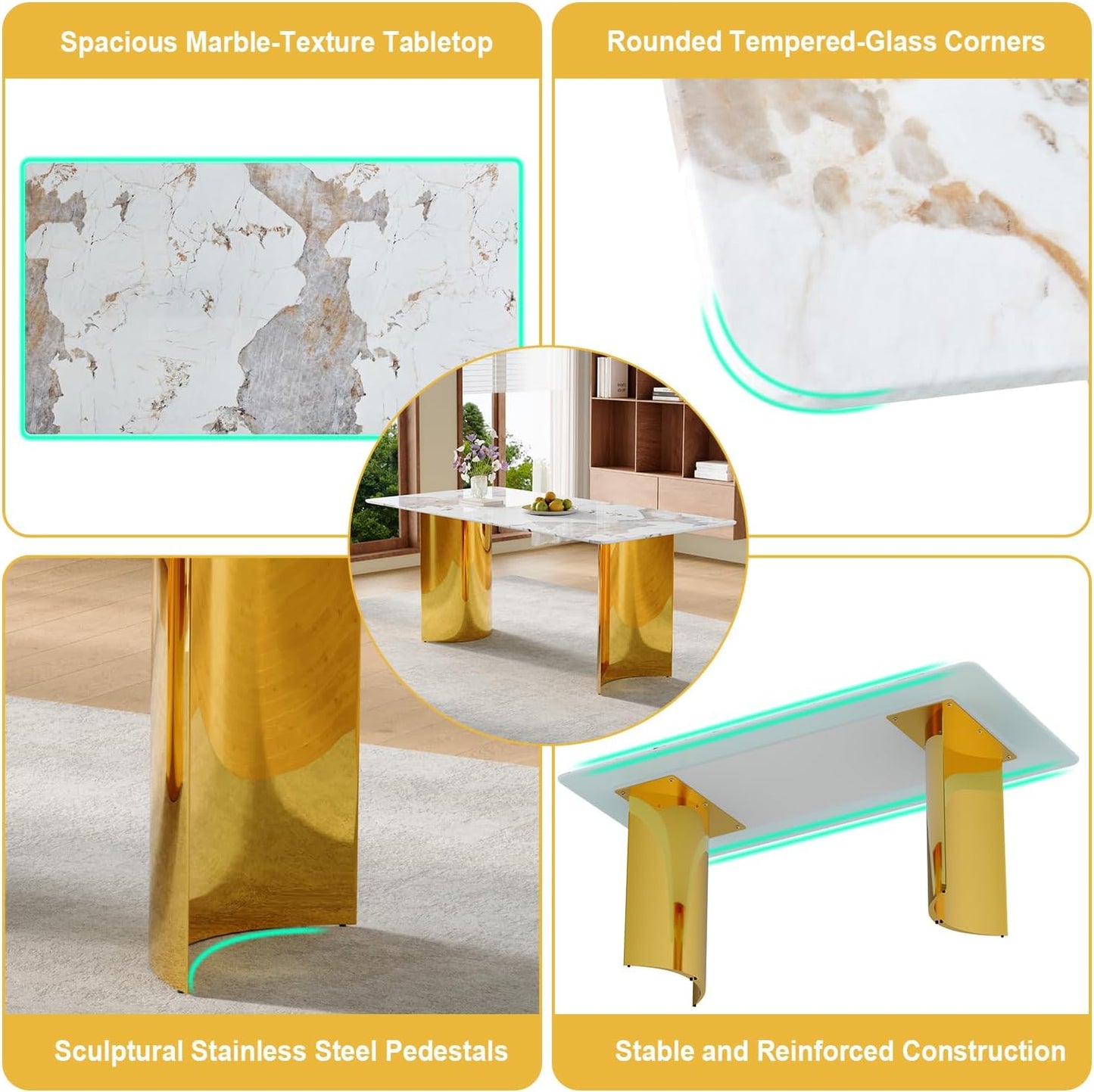 gopop Marble Dining Table Set for 6,Modern Dining Table Set for 6,71'' Faux Marble Textured Table Top with Golden Stainless Steel Base,Gold Dining Room Table with 6 White Dining Chairs