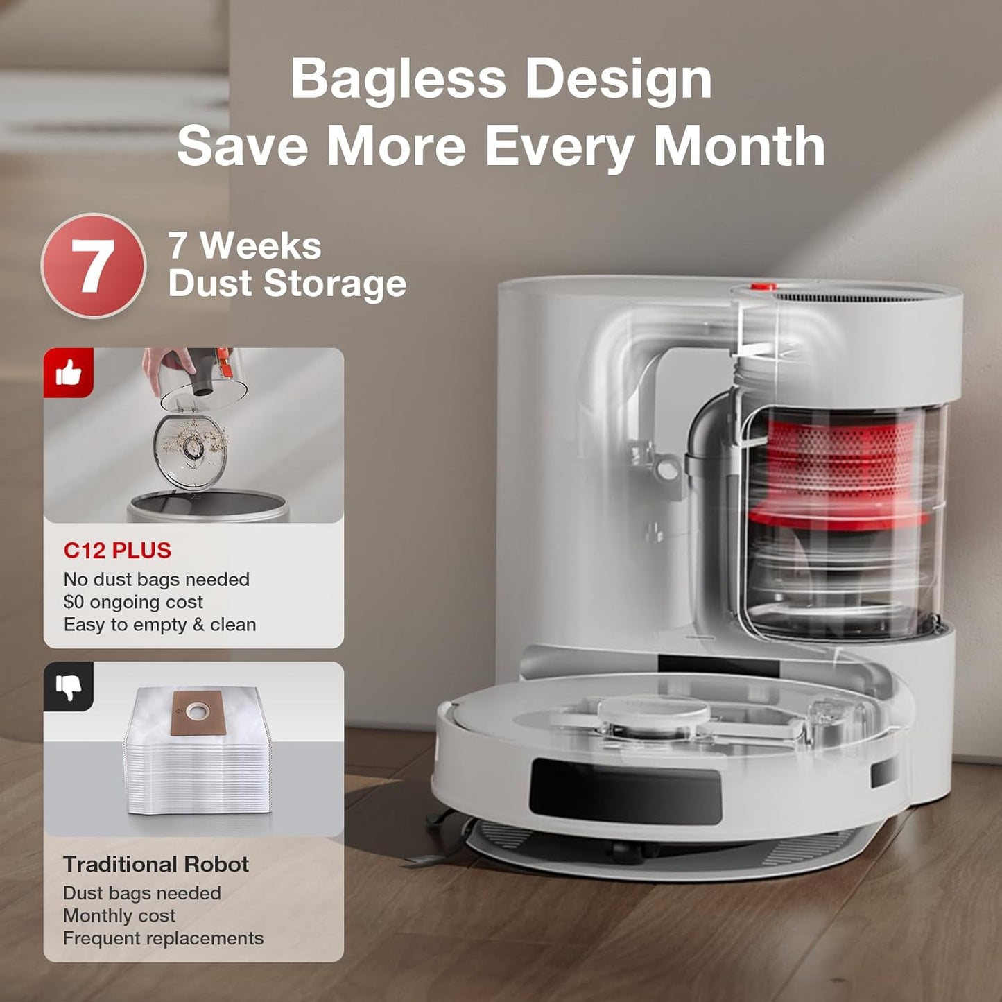 Yeedi C12 Plus Robot Vacuum & Mop, 8000Pa Powerful Suction, 7-Week Bagless Bin, PureCyclone & ZeroTangle Brush, Smart App Control, Auto-Charging, White