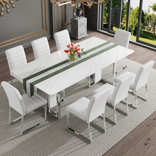 79 Inch Modern Dining Table Set for 8, White Luxury Kitchen Set with 1.8-inch Faux Marble Table Top & 8 PU Leather Upholstered Chairs for Dining and Living Room