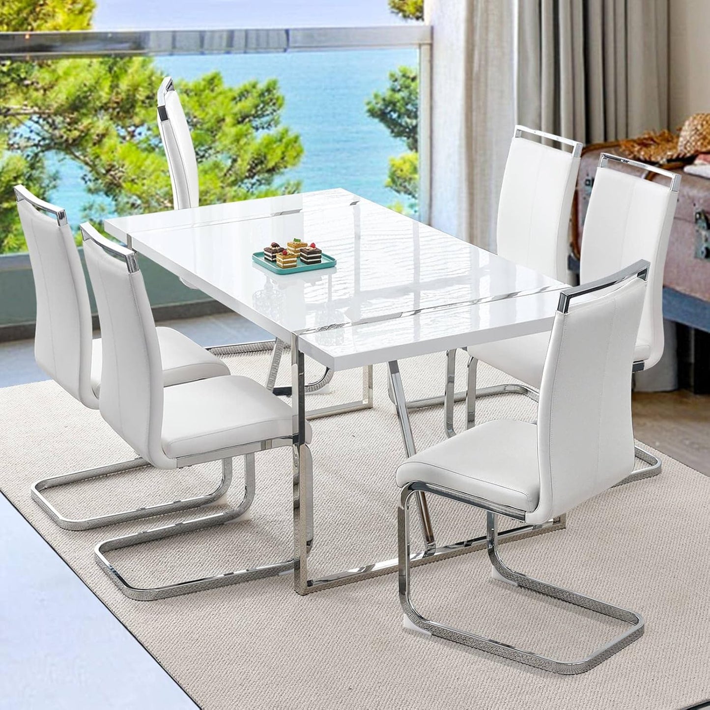 Dining Table Set for 6，White Rectangular MDF Kitchen Table and Leather Dining Chairs Set of 6, 7 Piece Dining Table Set，Modern Metal Frame Dining Room Table Set 6 with Metal Frame For Kitchen