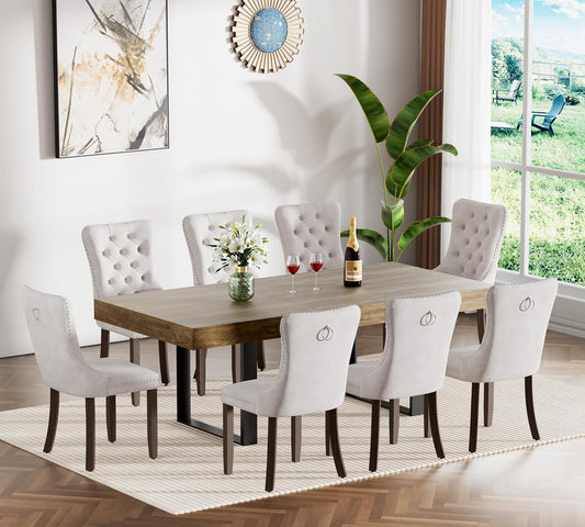 Extendable Dining Table Set for 8, 78.74" Large Wooden Expandable Table with 8 Beige Velvet Chairs, Rustic Kitchen Table Chairs Set of 8, 9 Piece Extendable Dining Room Table Set for Family Gathering