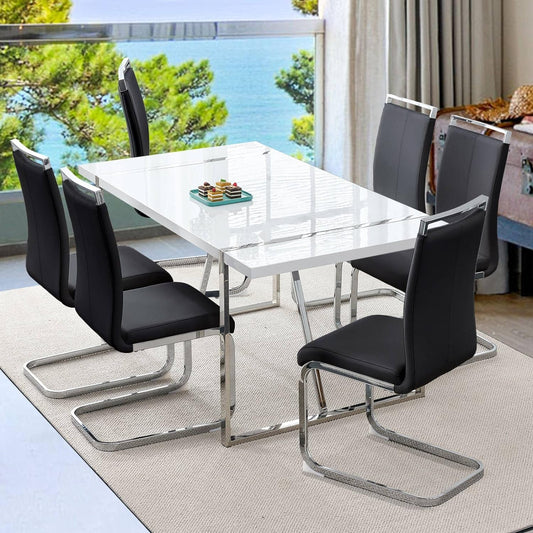 Dining Table Set for 6，White Rectangular MDF Kitchen Table and Leather Dining Chairs Set of 6, 7 Piece Dining Table Set，Modern Metal Frame Dining Room Table Set 6 with Metal Frame For Kitchen