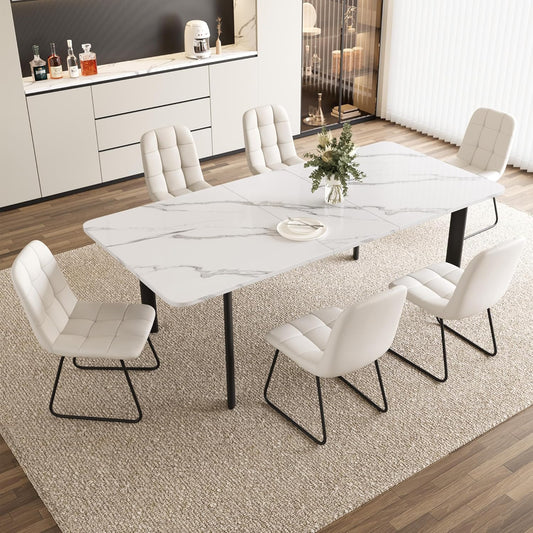 Extendable Dining Table Set for 6-8 People, 63 to 78.7 Inch MDF Kitchen Table with 6 Upholstered Chairs, Space-Saving for Dining Room, Breakfast Nook(White Table & 6 U-Shaped White Chairs)